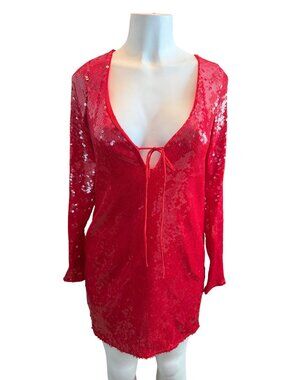 Bardot Verona Deep Red Sequin Mini Dress Long Sleeve Backless Tie Detail Size XX